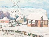 peinture représentant un tableau représentant un paysage enneigé avec des maisons et un arbre