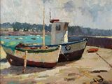 une peinture représentant un bateau amarré sur le rivage