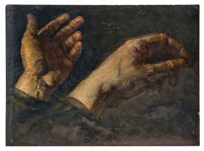 an image of a painting of a hand holding something in it ' s palm