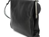 a black leather bag with a zipper on the front and a metal handle