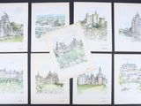six aquarelles représentant un château avec une tour horloge en arrière-plan