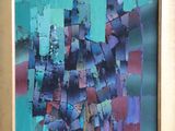 abstract painting of a blue and purple cityscape in a gold frame