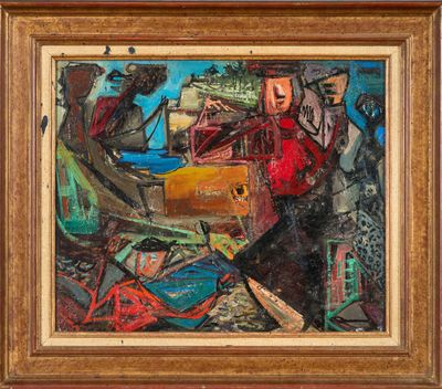 an oil painting of a group of people with luggage on the ground