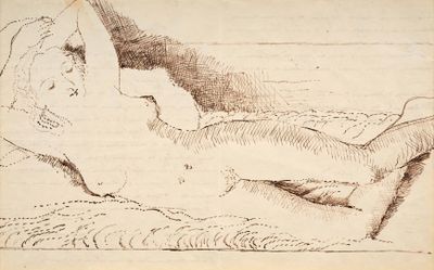 un vieux dessin représentant une femme allongée sur un lit, la tête posée sur un oreiller