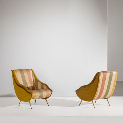 pair of mid - century lounge chairs with striped upholstered upholstered upholstered upholstered upholstered upholstered upholstered uphol