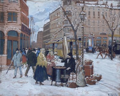 une peinture représentant une scène de rue avec des personnages et un bus en arrière-plan