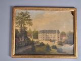 an old painting of a house with a horse drawn carriage in front of it