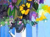 a painting of flowers in a vase on a table
