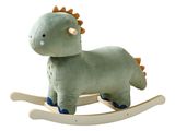 une peluche assise sur un cheval à bascule en bois