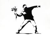 a black and white painting of a man throwing a bouquet of flowers