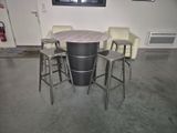 three stools and a table in the middle of a room