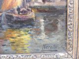 a painting of a man on a boat in the water