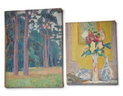two paintings of flowers in vases on a table in front of a yellow wall