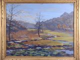 an oil painting of a landscape with trees in the foreground