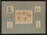 drawing of a group of people in various poses in a black frame