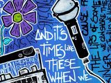 a painting of a microphone and a flower on a blue background