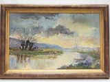 une peinture à l'huile représentant un paysage avec une rivière au premier plan et un arbre au premier plan