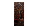 a painting of a tree in a forest with red leaves