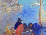an oil painting of three people on a boat in the water