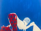 painting of a woman in red and blue holding a red and white umbrella