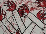 a drawing of a man with bloody hands on a wall