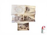 several old photos of a building and a fountain on a white surface