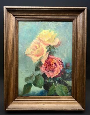 une peinture à l'huile représentant deux roses jaunes et roses, dans un cadre en bois