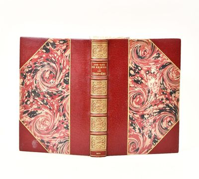 un vieux livre avec une couverture rouge et des bordures dorées sur fond blanc