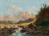 un tableau représentant un paysage de montagne avec un ruisseau au premier plan