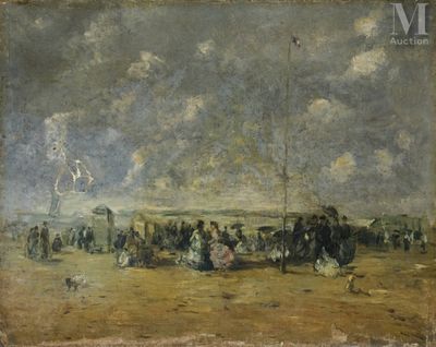 une image d'un tableau représentant un groupe de personnes sur une plage
