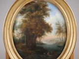 an oil painting of a wooded landscape with a river in the distance