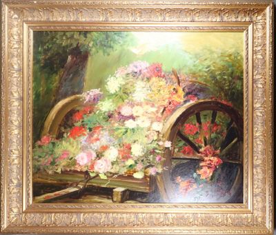 a picture of a painting of a wagon with flowers on it