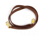 brown leather dog leash with brass hardware on a white background