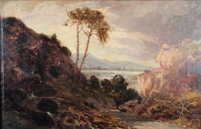 une peinture à l'huile représentant un paysage de montagne avec une rivière au premier plan et des arbres au premier plan