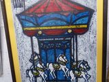 tableau représentant un carrousel avec quatre chevaux, dans un cadre jaune