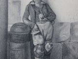 drawing of a young boy sitting on a wall next to a trash can