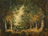 un tableau représentant un paysage boisé avec des moutons qui paissent au premier plan