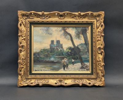 a painting of a man walking down a path next to a river