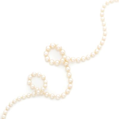 a close up of a pearl necklace on a white background