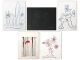four different colored drawings of a woman, a cat, a dog, and a cat