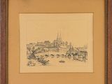 une image représentant un dessin d'une ville avec une rivière au premier plan
