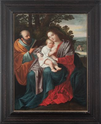 a painting of a man holding a baby and a woman holding a child