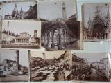 several old black and white photos of a city with a clock tower