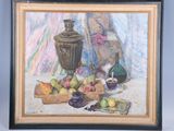 tableau représentant une nature morte composée de fruits et d'un vase posés sur une table