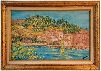 une peinture à l'huile représentant un voilier sur une rivière, devant un village