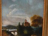 painting of a landscape with a river and a church in the distance