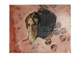 une peinture représentant le visage d'une femme sur un fond rose