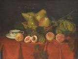 painting of a still life of fruit on a red table cloth