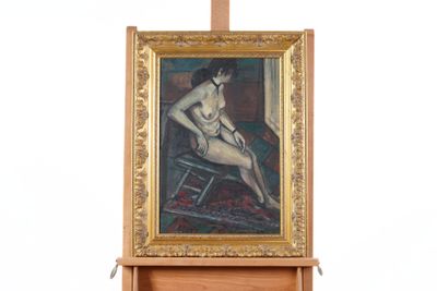 a painting of a nude woman sitting on a chair