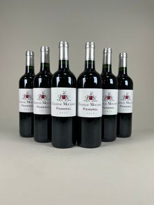 six bottles of red wine lined up in a row